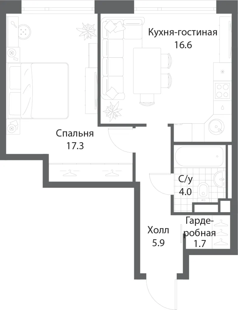 1-комн. 45.1 м²