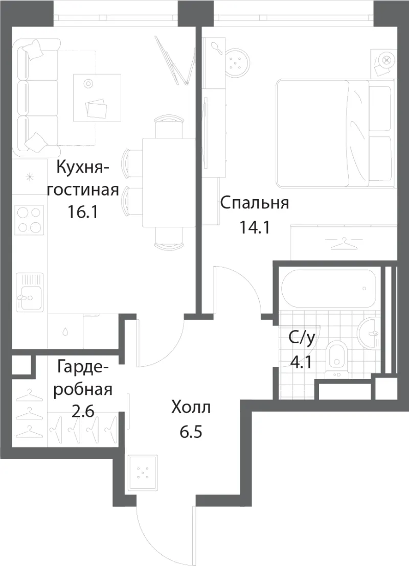 1-комн. 43.4 м²