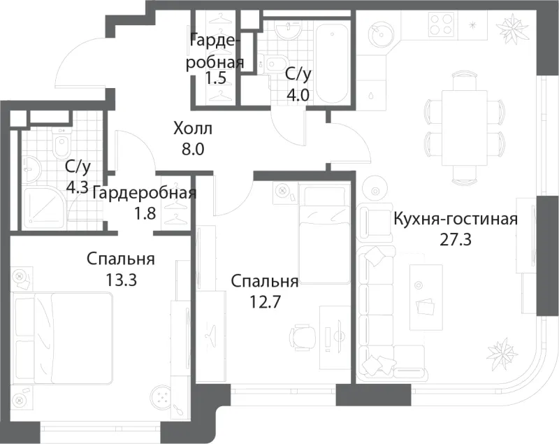 2-комн. 72.6 м²