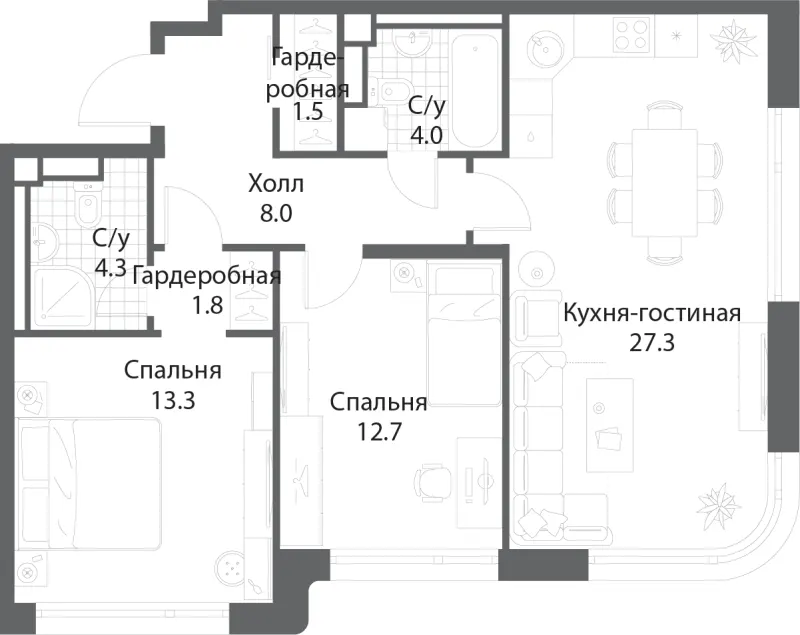 2-комн. 72.6 м²