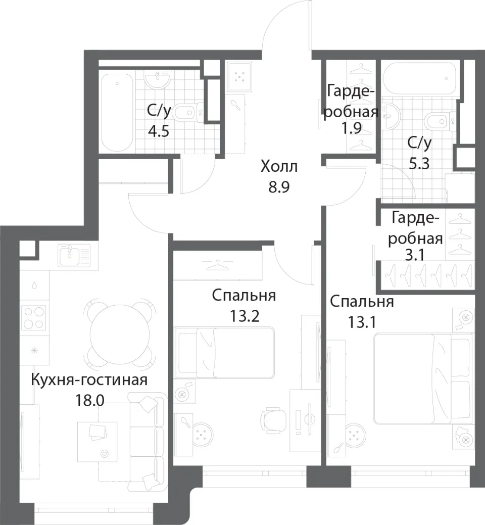 2-комн. 68,1 м²
