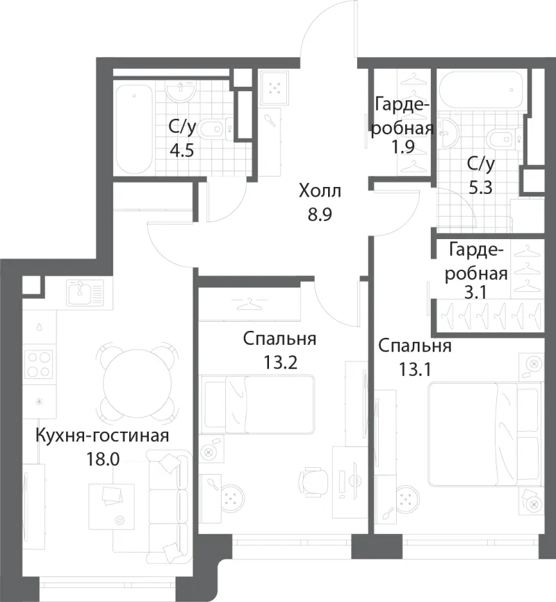 2-комн. 68.1 м²