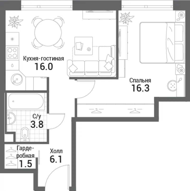 1-комн. 43.7 м²