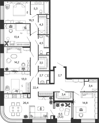 4-комн. 153.2 м²