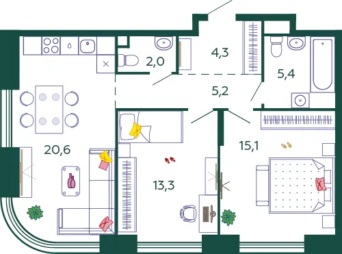 2-комн. 66 м²