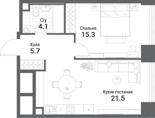1-комн. 46.6 м²