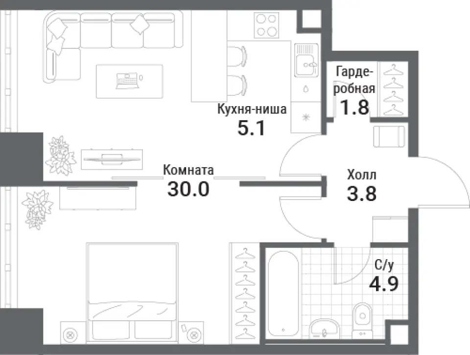 1-комн. 45,6 м²
