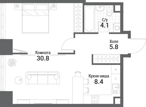 1-комн. 49.1 м²