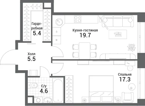 1-комн. 52.5 м²