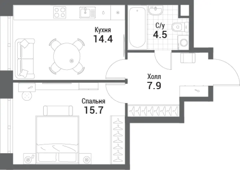 1-комн. 42.5 м²
