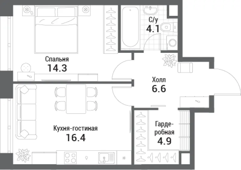 1-комн. 46.3 м²