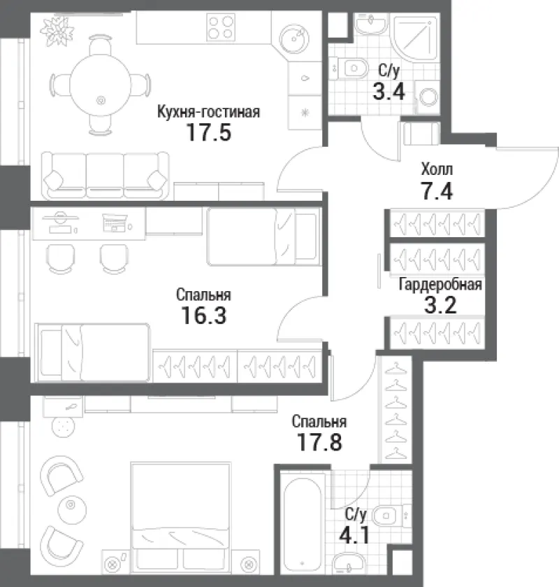 2-комн. 69.7 м²