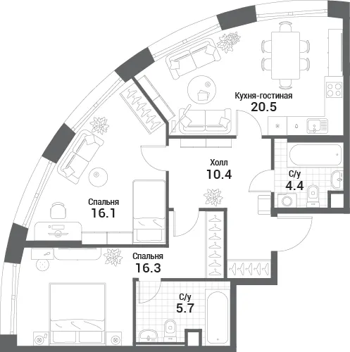 2-комн. 73.4 м²