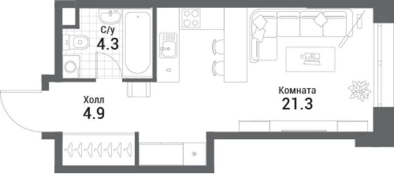 Студия 30.5 м²
