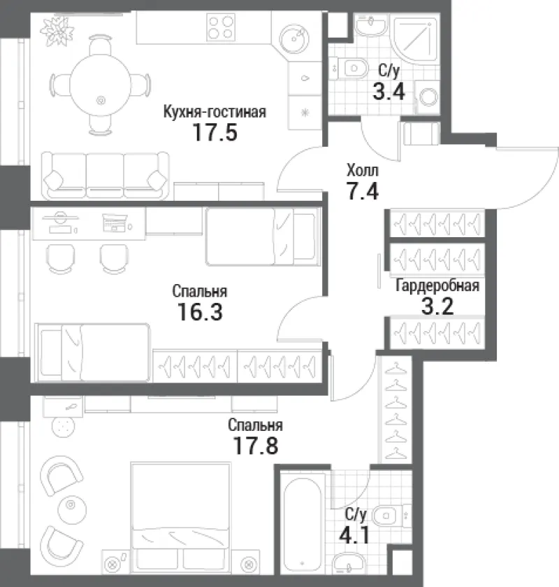 2-комн. 69.7 м²