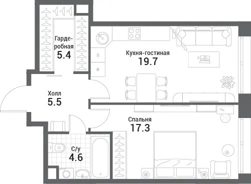 1-комн. 52.5 м²