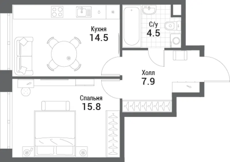 1-комн. 42.7 м²