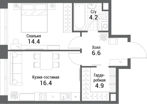 1-комн. 46.5 м²