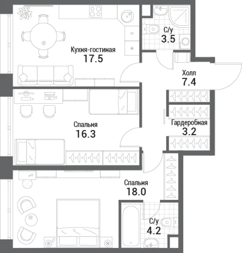 2-комн. 70.1 м²