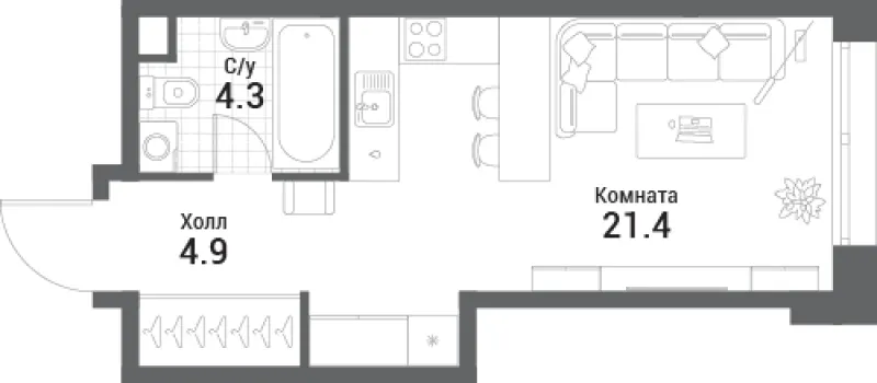Студия 30.6 м²