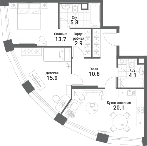 2-комн. 72.8 м²