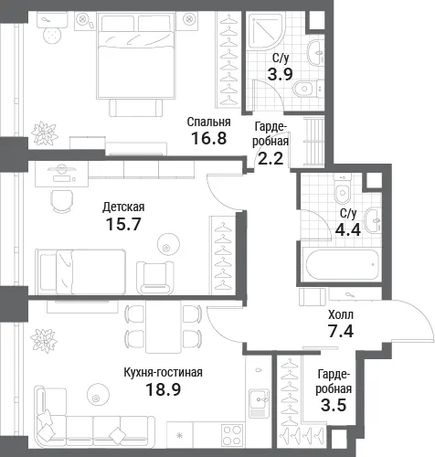 2-комн. 72.8 м²