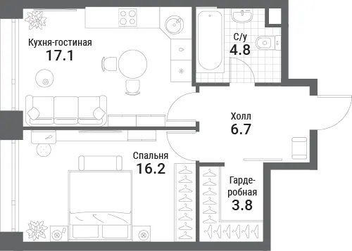 1-комн. 48.6 м²