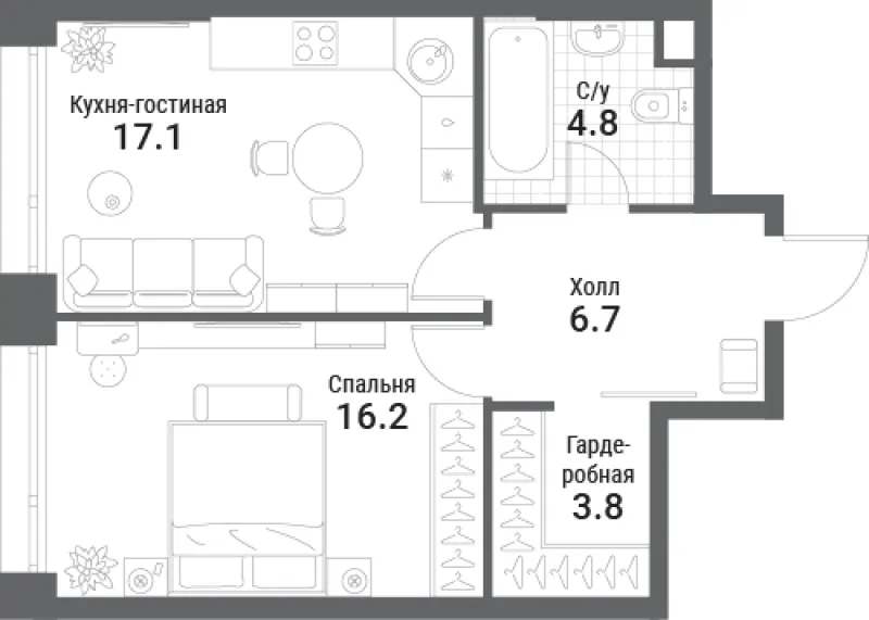 1-комн. 48.6 м²