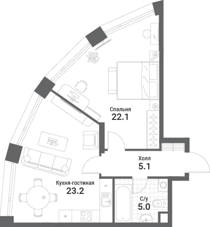 1-комн. 55.4 м²