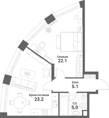 1-комн. 55.4 м²