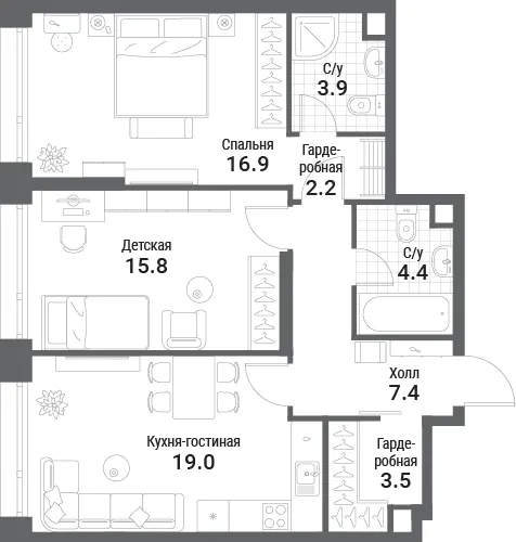 2-комн. 73.1 м²