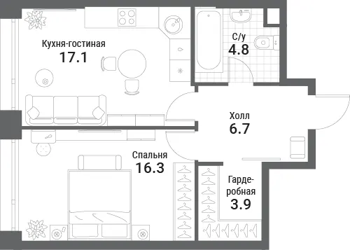 1-комн. 48.8 м²