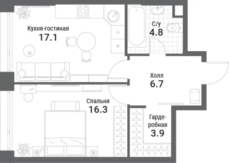 1-комн. 48.8 м²