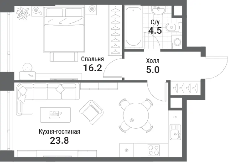 1-комн. 49.5 м²