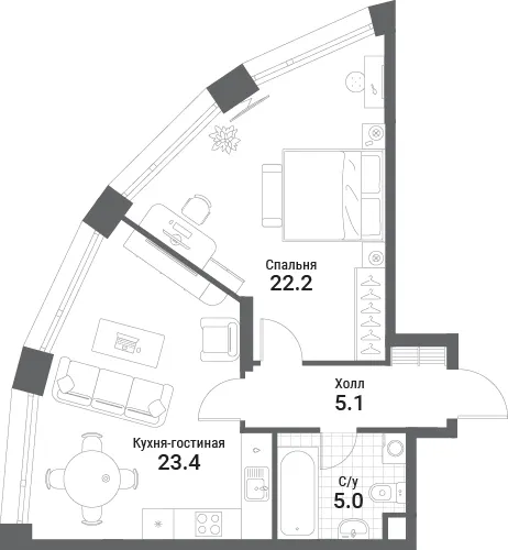 1-комн. 55.7 м²