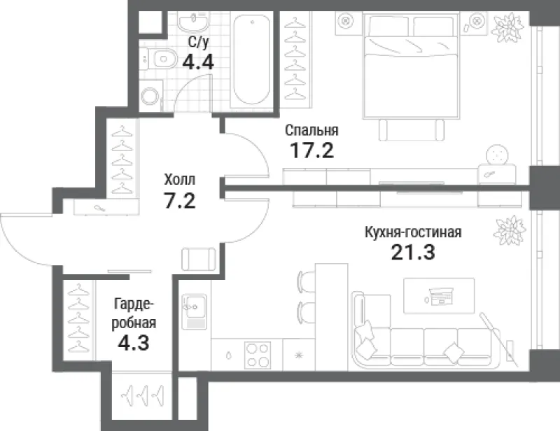 1-комн. 54.4 м²