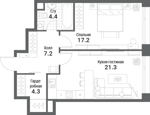 1-комн. 54.4 м²