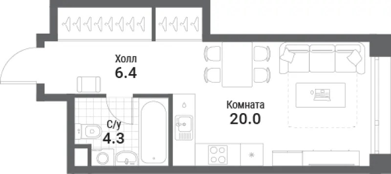 Студия 30.7 м²