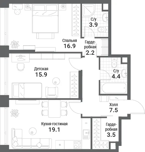 2-комн. 73.4 м²