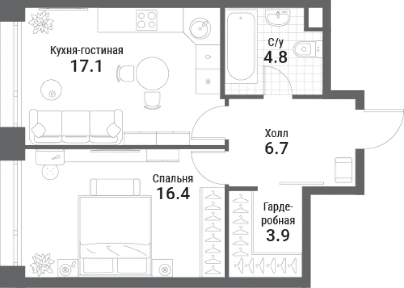 1-комн. 48.9 м²