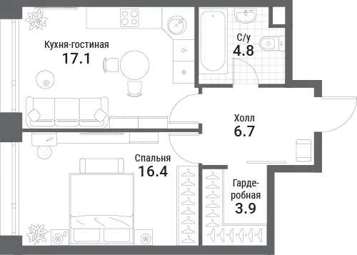 1-комн. 48.9 м²