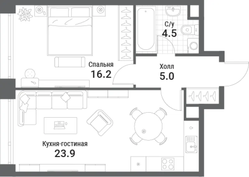1-комн. 49.6 м²