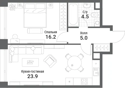 1-комн. 49.6 м²