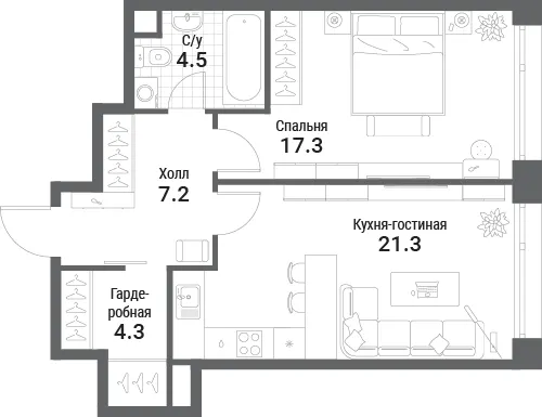 1-комн. 54.6 м²