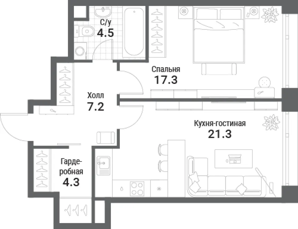 1-комн. 54,6 м²