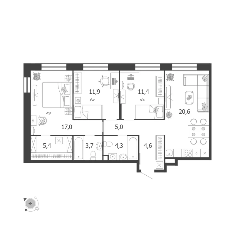 3-комн. 84.4 м²