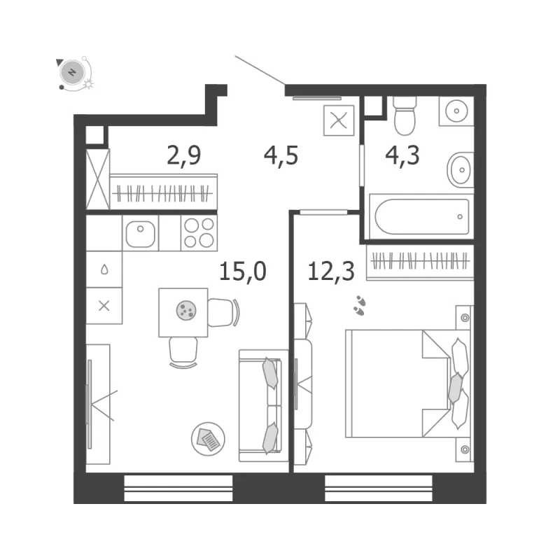 1-комн. 39 м²