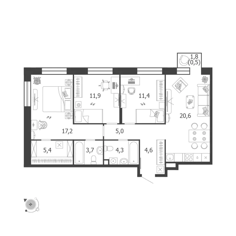 3-комн. 85.1 м²