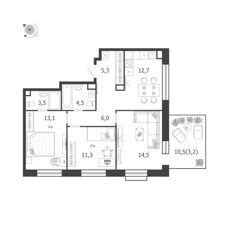 3-комн. 74.1 м²