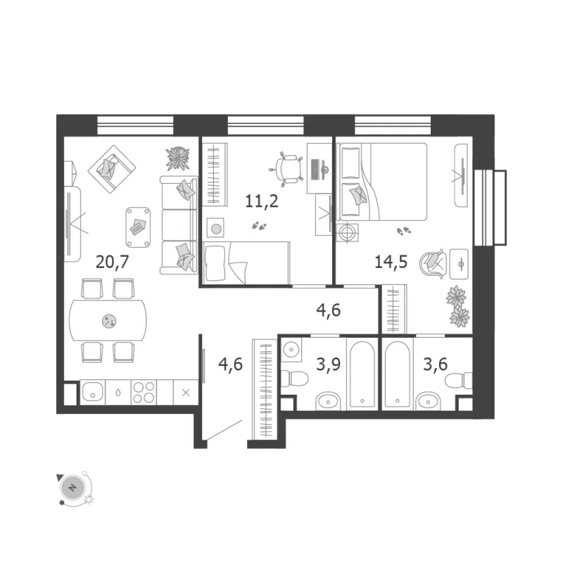 2-комн. 63.1 м²